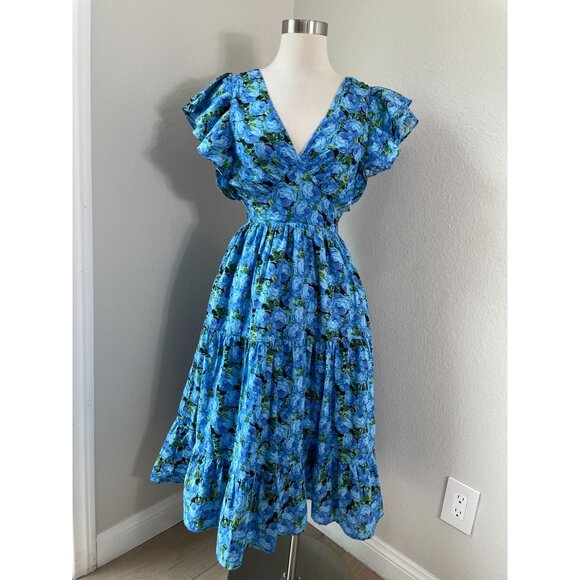 English Factory Womens XS Blue Floral Open Back Maxi Dress Ruffle Sleeve - Picture 1 of 13